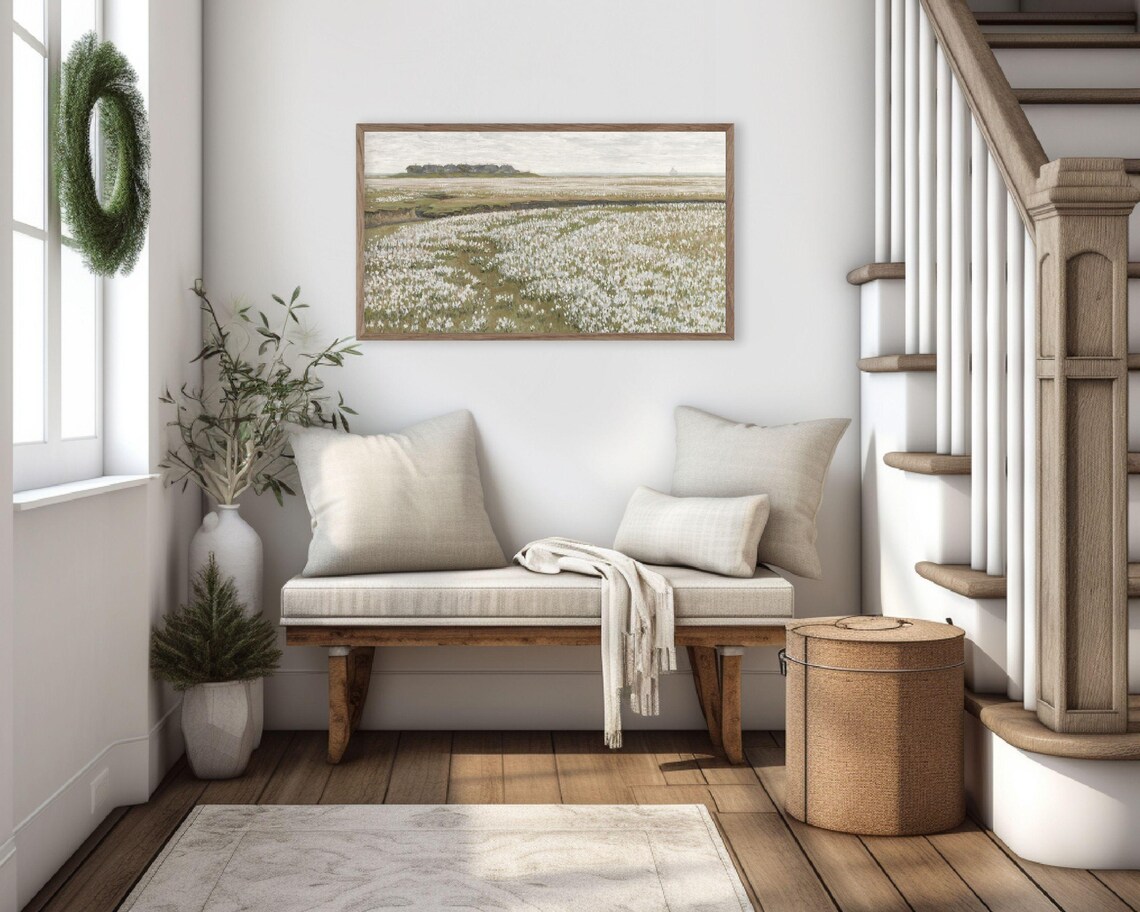 Spring Wildflower Field White Flowers Farmhouse Vintage Landscape Painting Poster - Image 3