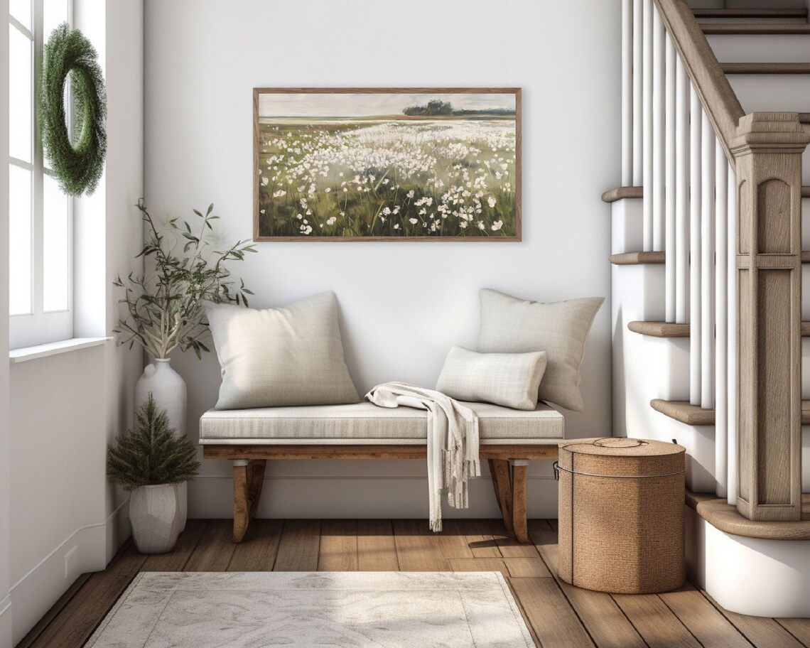 White Wildflower Field Summer Bloom Landscape Vintage Painterly Art Poster - Image 3