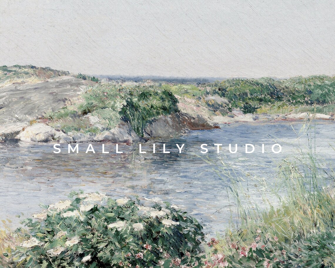 Wildflowers By Rocky Coastal Inlet Blue Water Vintage Landscape Painting Poster - Image 4
