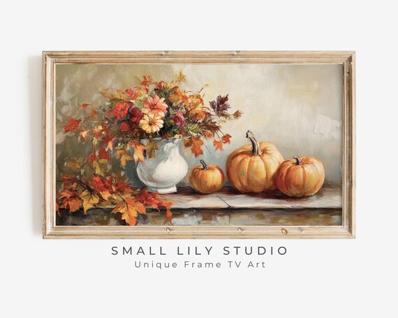 Fall Florals In White Pitcher With Pumpkins Still Life Painting Poster