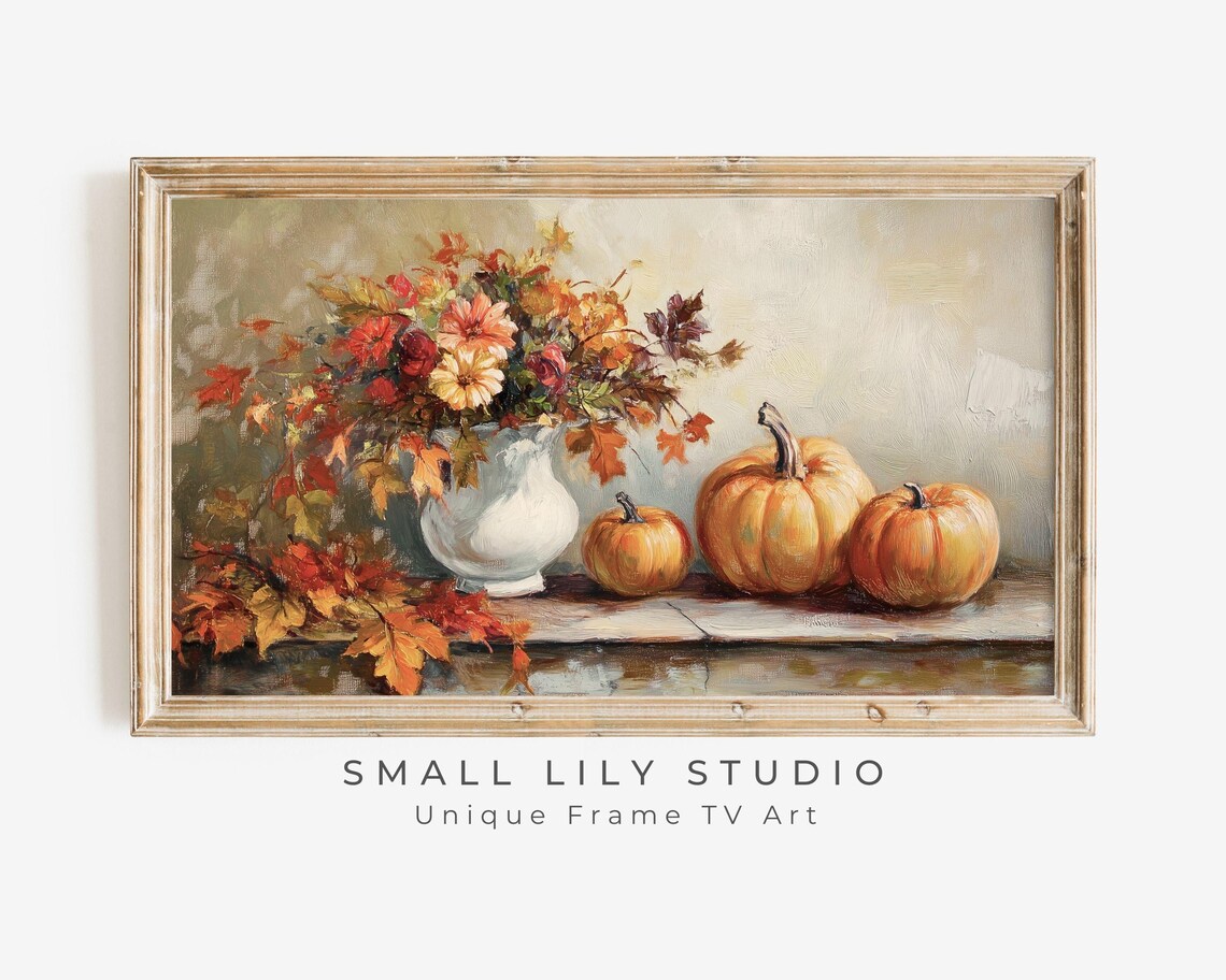 Fall Florals In White Pitcher With Pumpkins Still Life Painting Poster