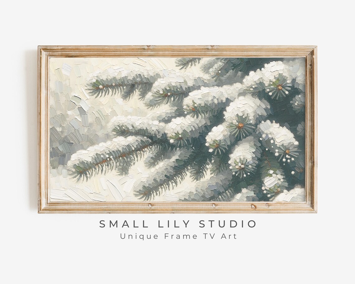 Snow Covered Pine Branch Close Up Textured Winter Painting Poster