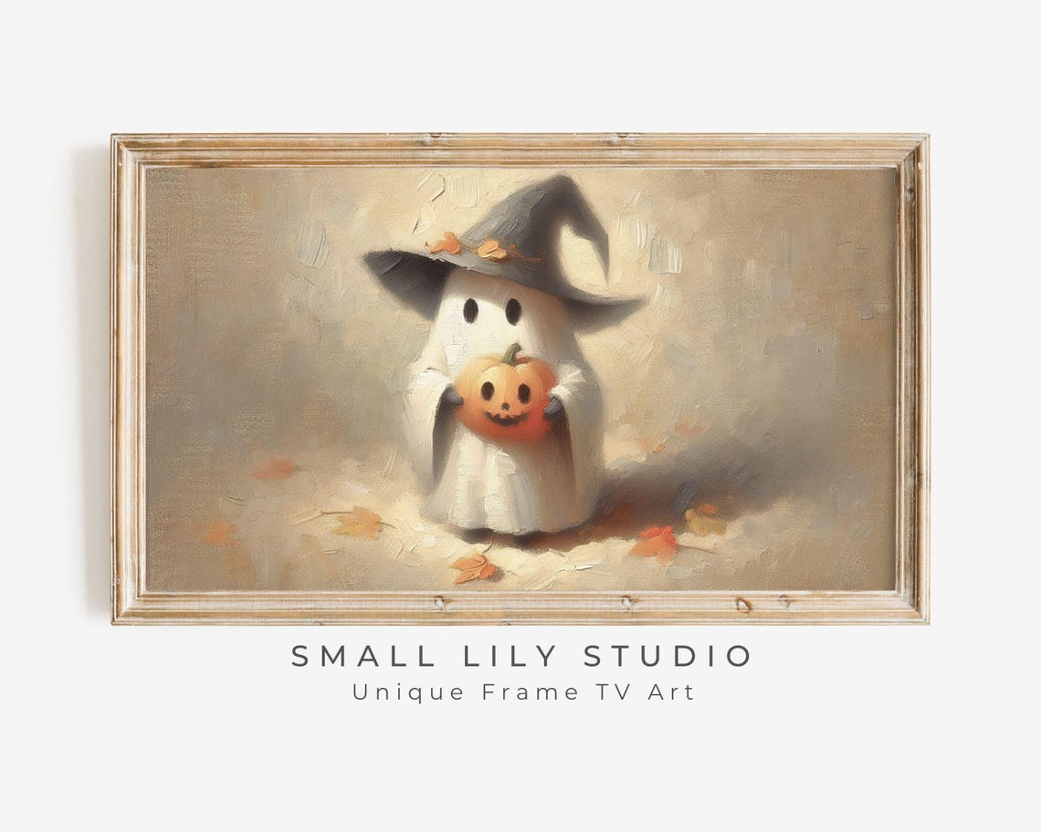 Cute Ghost Witch Hat Holding Jack O Lantern Halloween Painting Poster