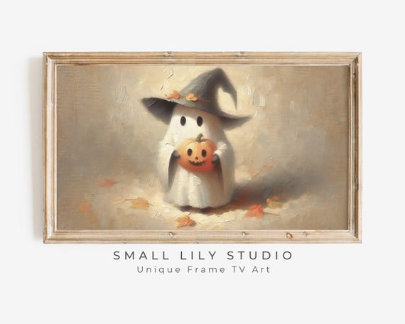 Halloween Frame Tv Art Cute Ghost In Witchs Hat Holding Pumpkin Frame Tv Art Ghost Fun Spooky Halloween Tv Artwork Tv430