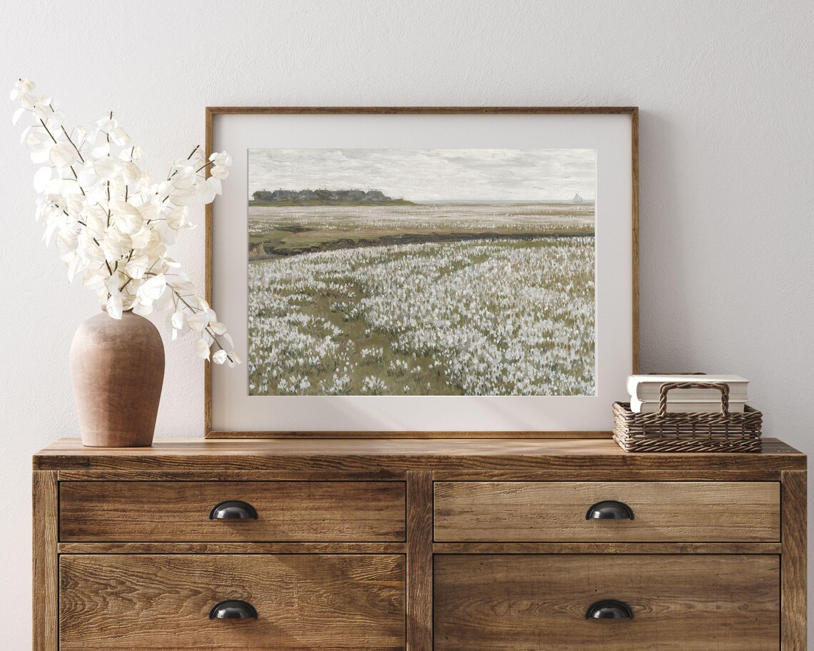 White Wildflower Meadow Neutral Muted Vintage Landscape Art Print - Image 3