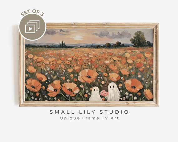 Ghost Couple Poppy Field Sunset Romantic Cute Halloween Painting Poster