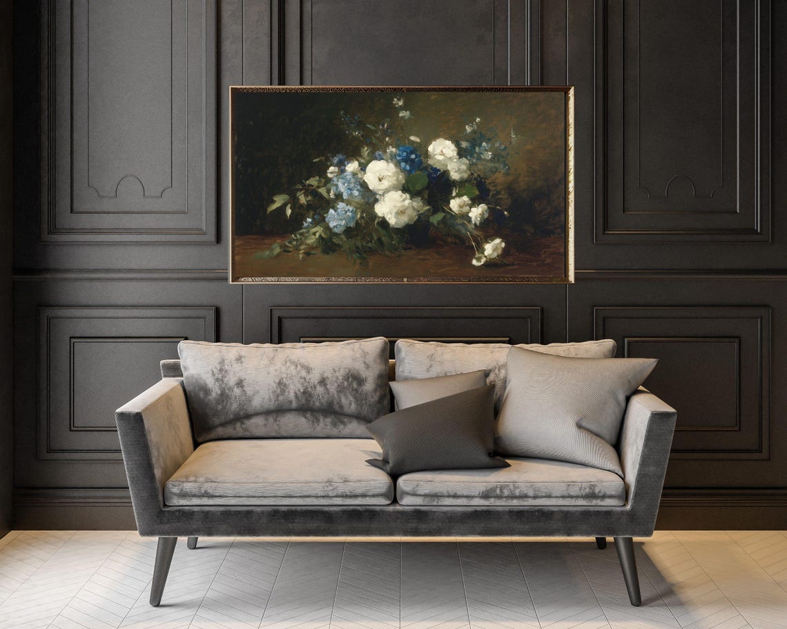 White Roses And Blue Flowers Dark Moody Vintage Still Life Poster - Image 3