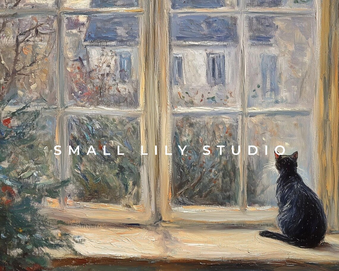 Christmas Cat Looking Out Window, Vintage Style Art Print - Image 4