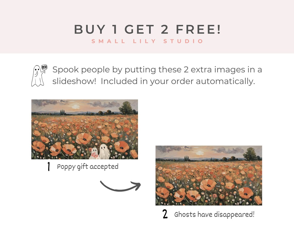 Ghost Couple Poppy Field Sunset Romantic Cute Halloween Painting Poster - Image 2