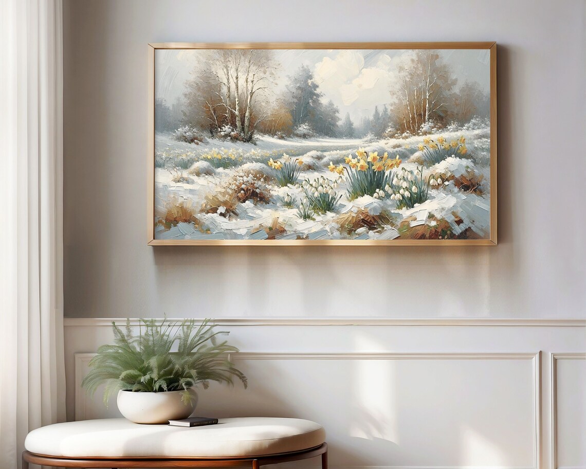 Winter Daffodils Blooming in Snow Vintage Floral Landscape Art Poster - Image 3
