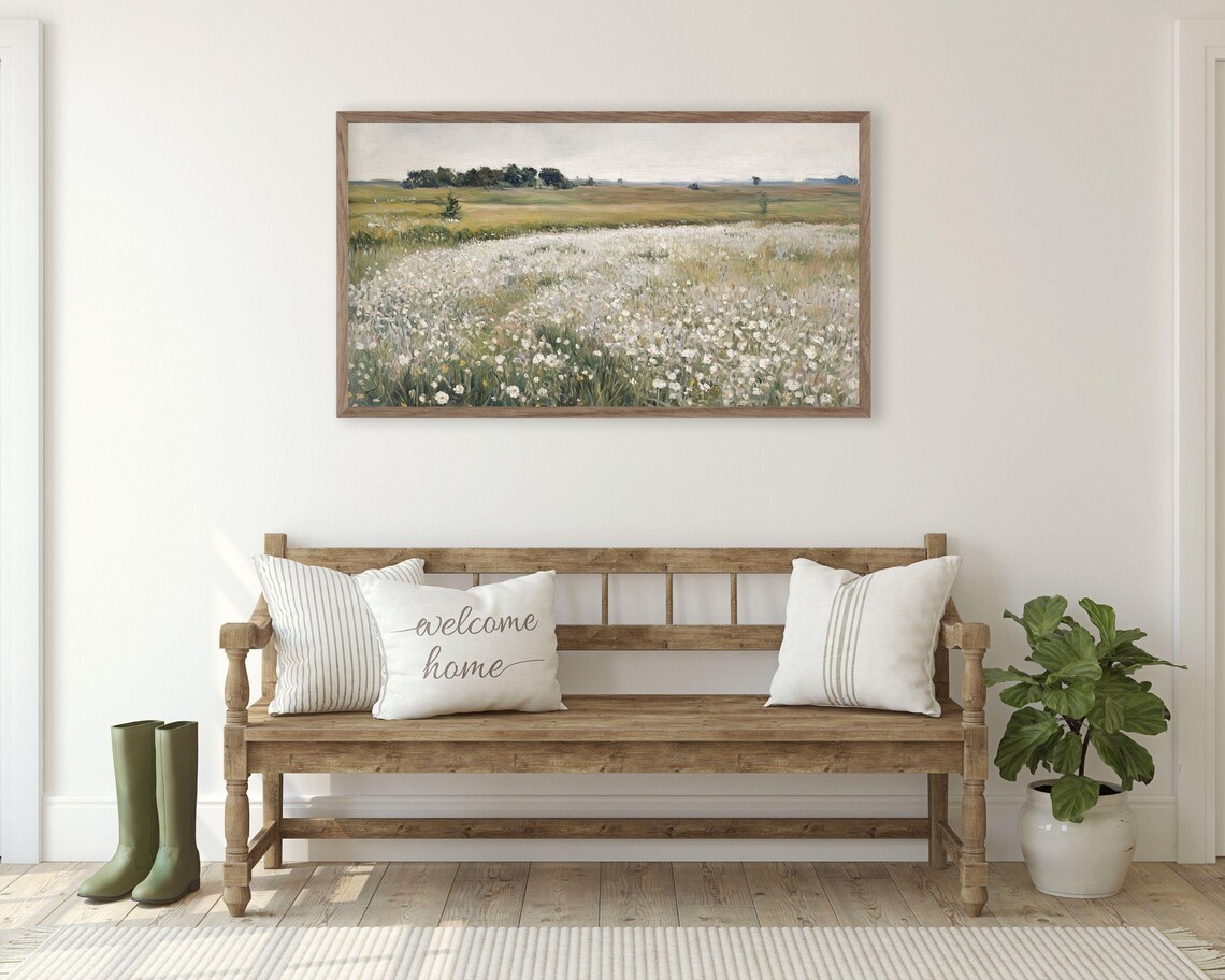 White Wildflower Field Spring Landscape, Vintage Style - Image 2