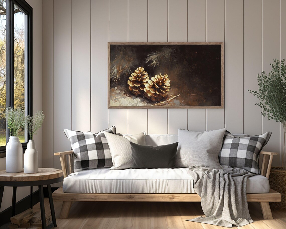 Two Golden Pinecones in Dark Moody Forest Still Life Minimalist Poster - Image 3