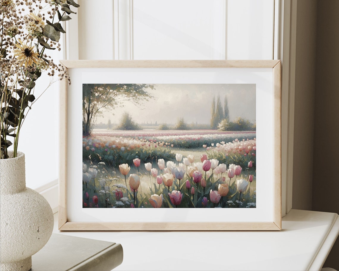 Tulip Landscape Print Spring Floral Print Field Of Flowers Vintage Style Painting Pink Floral Print Girls Room Nursery P086 - Image 2