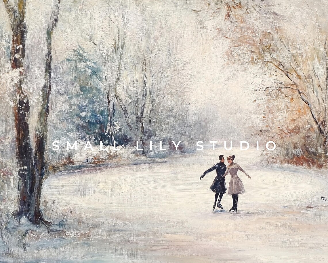 Vintage Ice Skaters Frozen Pond Winter Retro Romance Landscape Painting Poster - Image 4