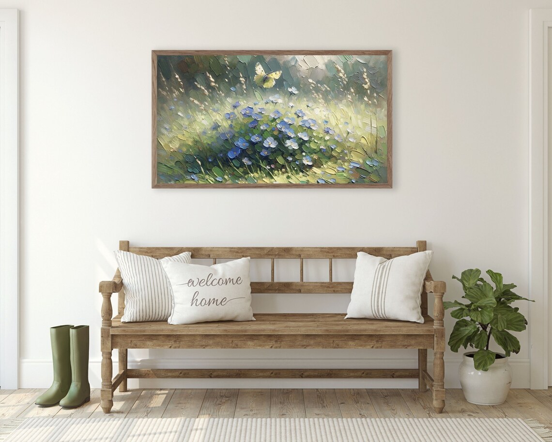 Blue Flowers Yellow Butterfly Impasto Textured Spring Painting Poster - Image 2