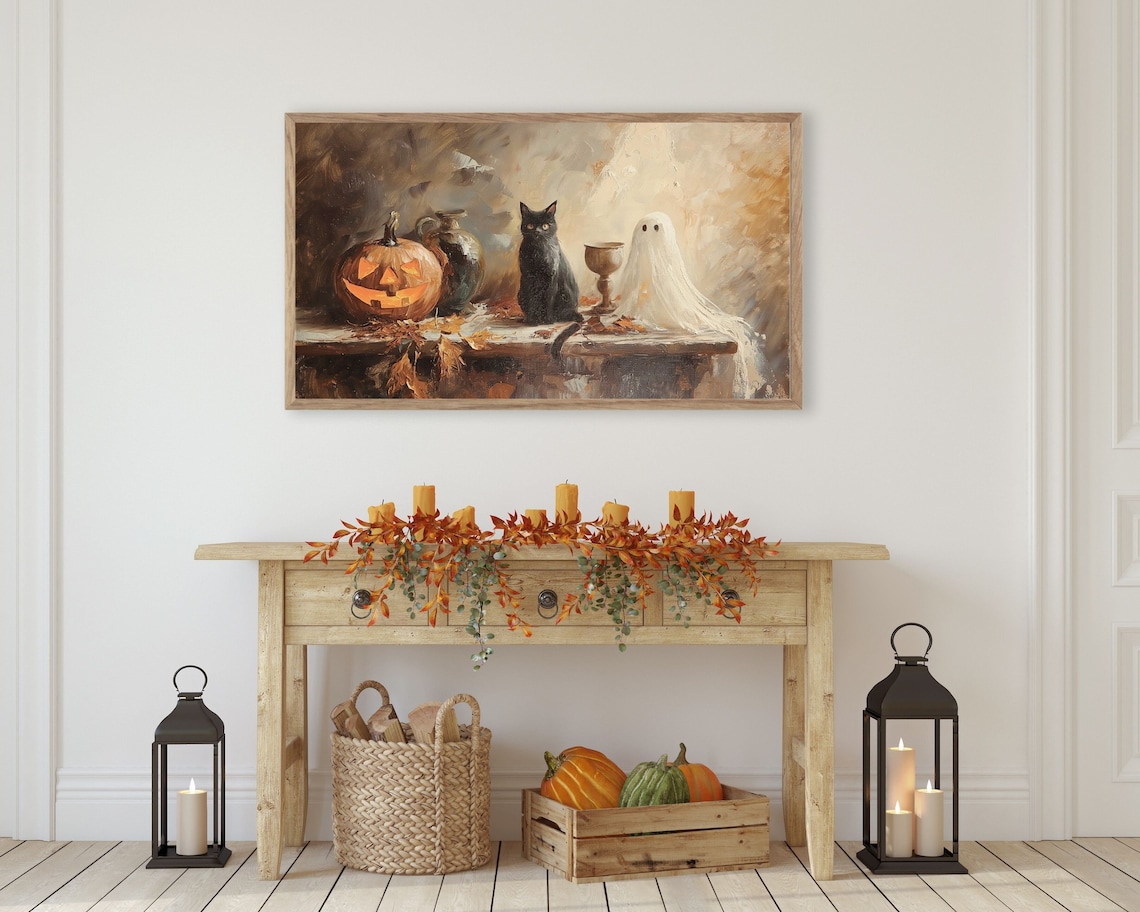Halloween Ghost, Black Cat and Pumpkin Vintage Art Print - Image 3