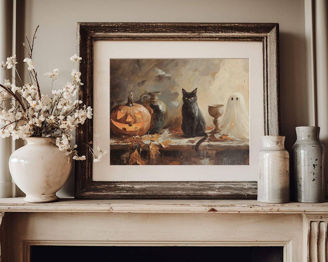 Black Cat Ghost Jack O Lantern Moody Vintage Halloween Painting Poster - Image 2