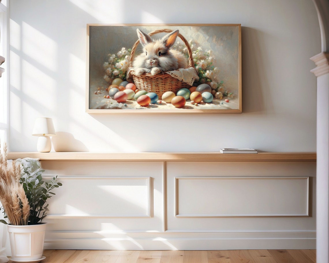 Fluffy Bunny in Wicker Easter Basket Eggs Vintage Spring Art Poster - Image 2