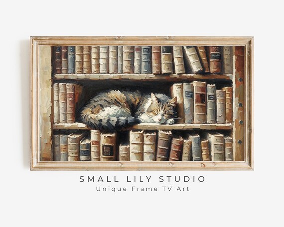 Bookish Cat Sleeping With Books, Vintage Art Print
