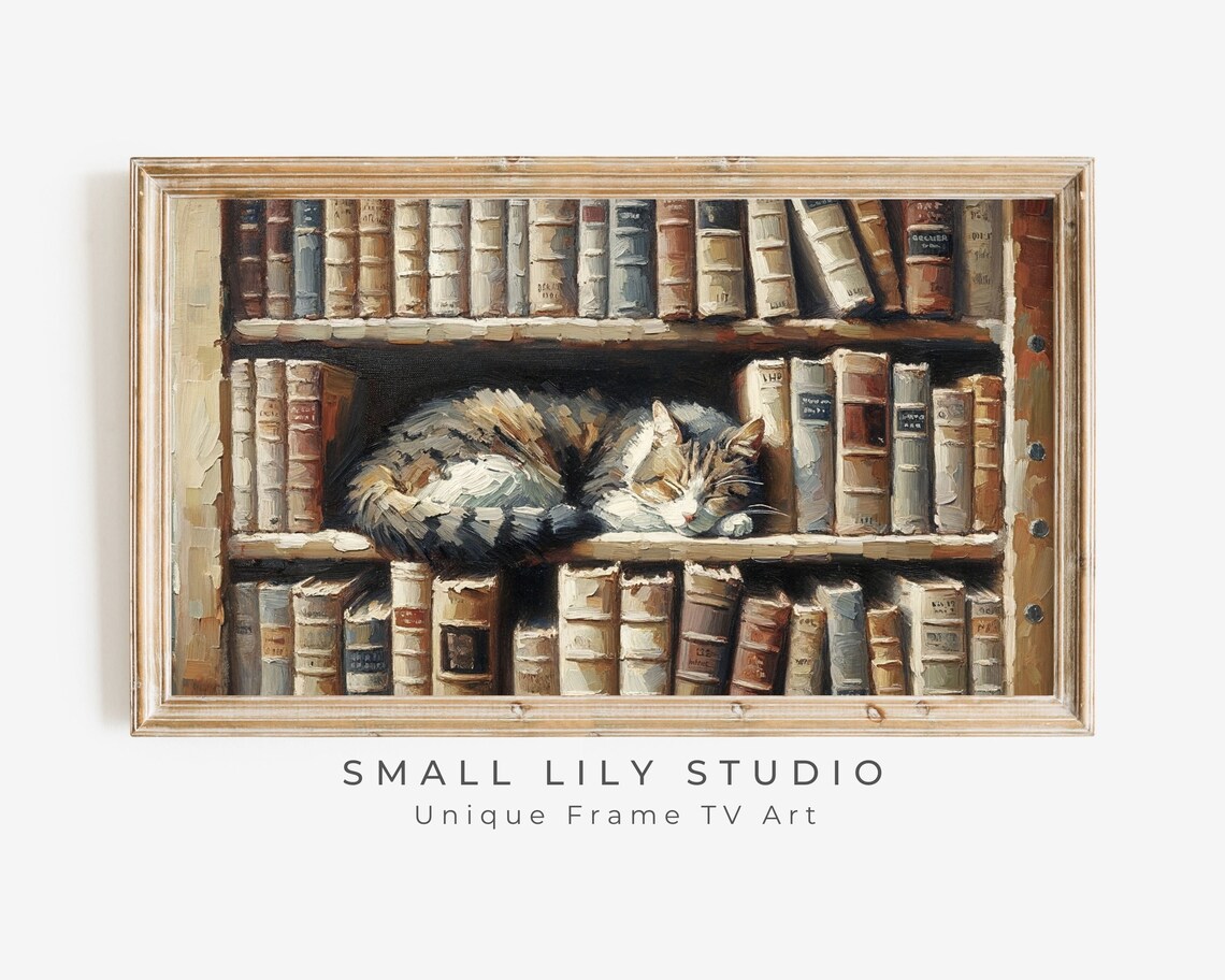Bookish Cat Sleeping With Books, Vintage Art Print