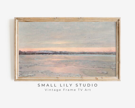 Frozen Lake Winter Dusk Pink Twilight Vintage Landscape Painting Poster