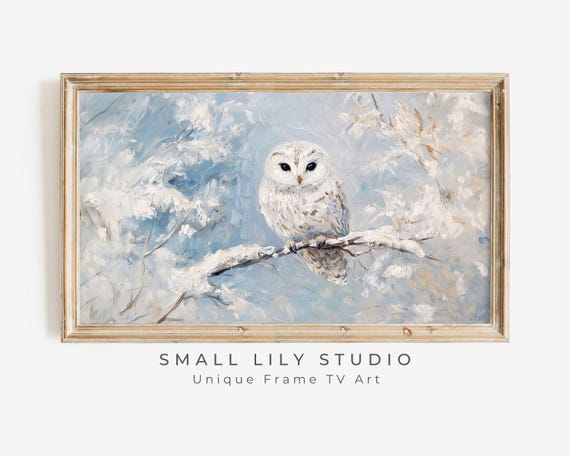 Frame Tv Art Cute Snowy Owl In Winter Landscape Pale Blue White Winter Tv Art Vintage Style Bird Painting Frame Tv Art Tv558