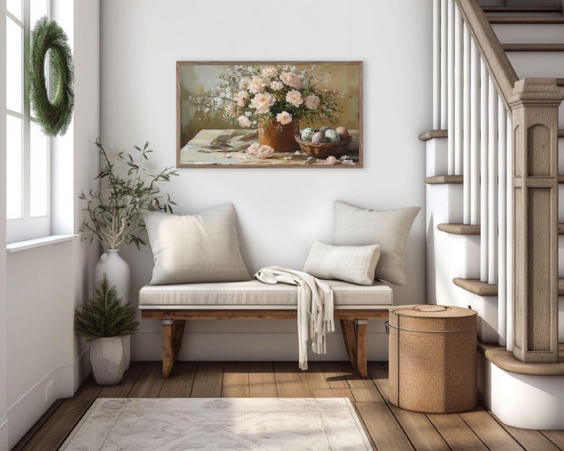 Easter Eggs Basket And Pink Roses Vintage Spring Still Life Poster - Image 3