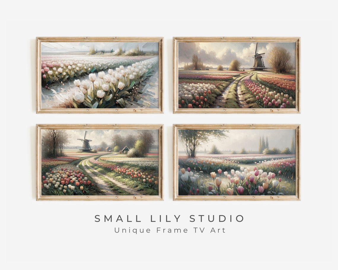 Set Of Four Dutch Tulip Windmill Landscape Paintings Bundle Wall Art