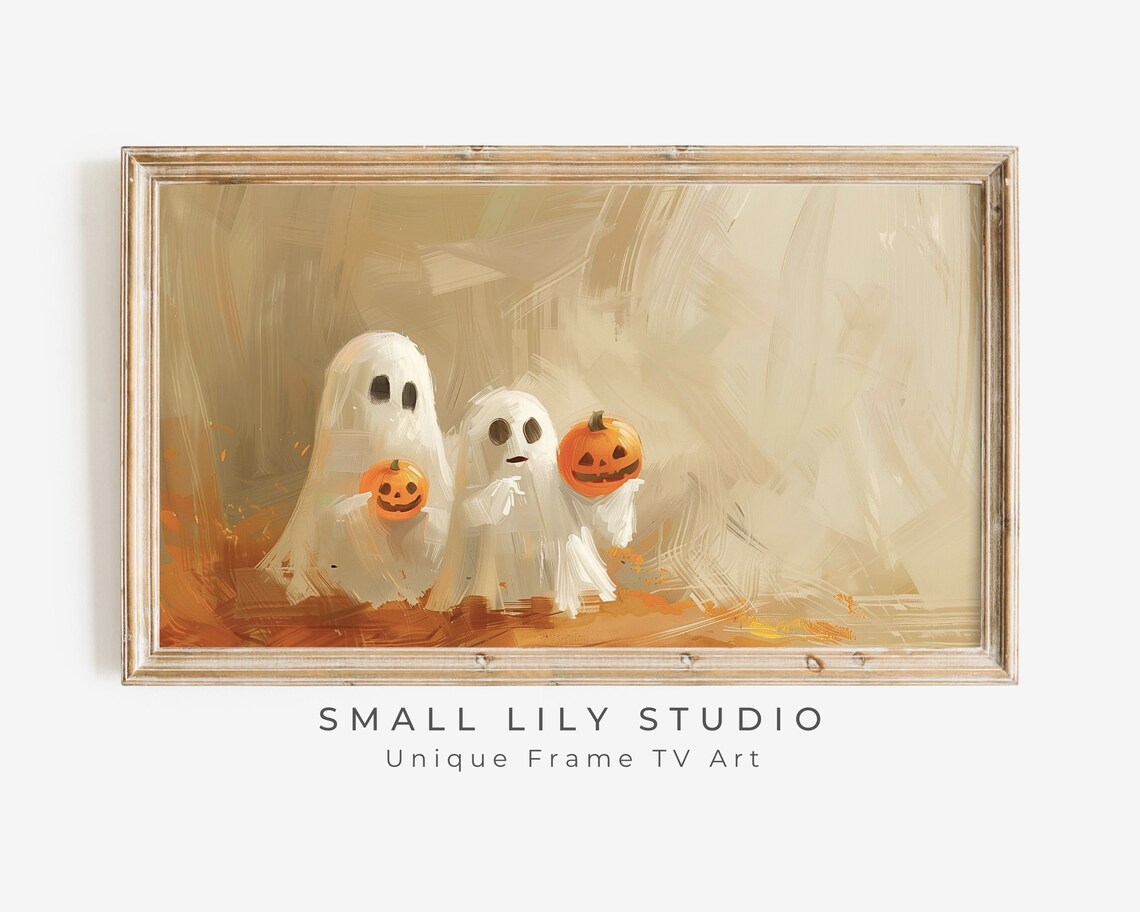 Halloween Cute Ghosts Holding Pumpkins Art Print