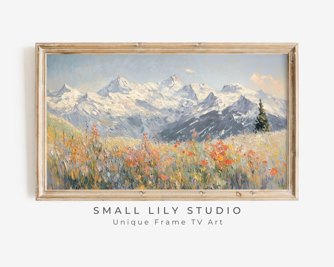 Red Alpine Wildflowers Snow Capped Mountains Meadow Textured Painting Poster