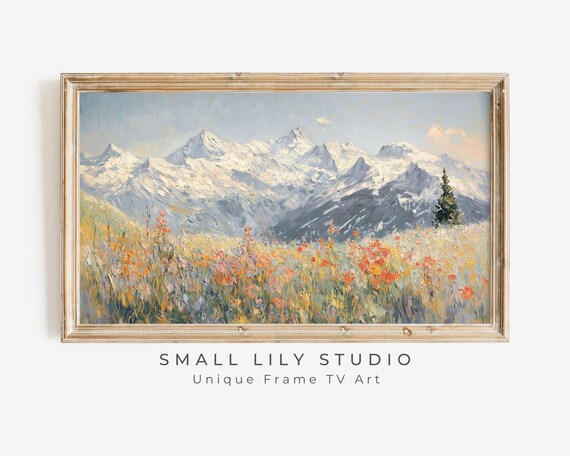 Red Alpine Wildflowers Snow Capped Mountains Meadow Textured Painting Poster