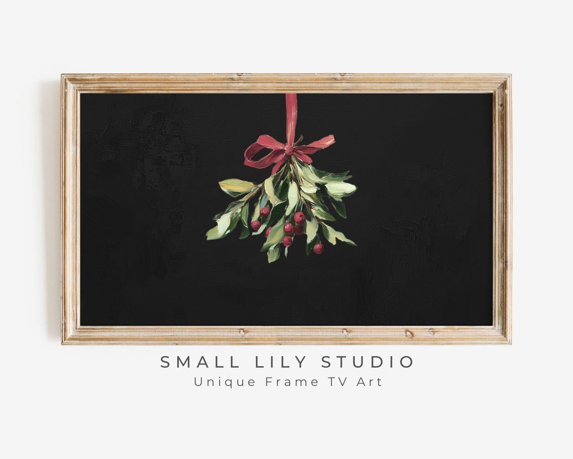Christmas Frame Tv Art Mistletoe With Burgundy Ribbon Frame Tv Art Vintage Style Painting Stylish Red Green Black Xmas Art Tv548
