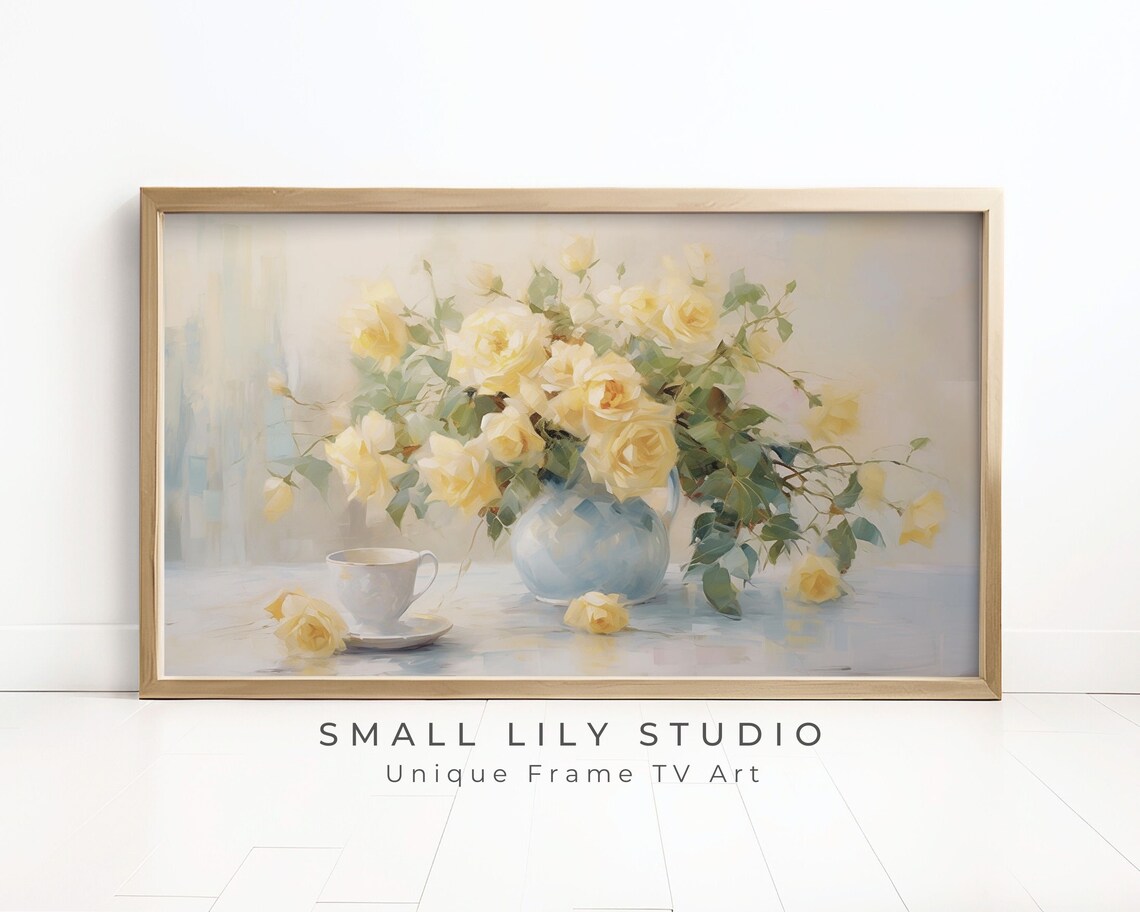 Yellow Roses Blue Vase Teacup Soft Vintage Floral Still Life Poster - Image 2