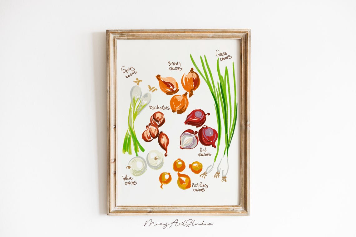 Charming Labeled Onion Varieties Watercolor Botanical Kitchen Poster