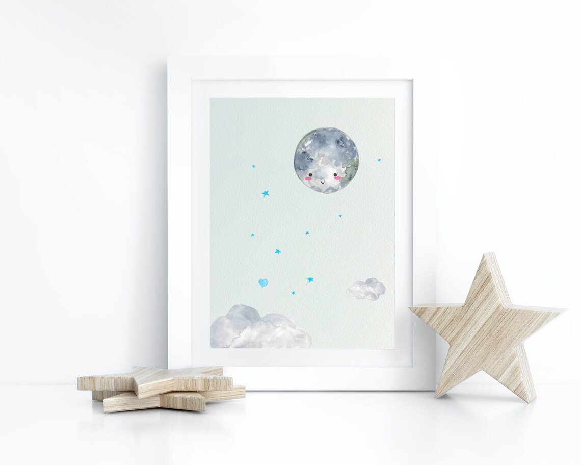 Moon Nursery Decor, Stars and Clouds Art Print - Image 3