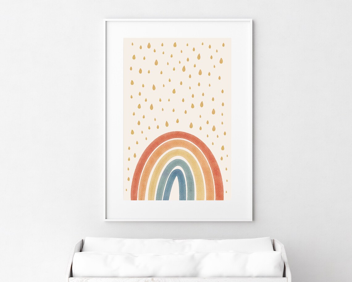 Rainbow Boho Nursery Decor Wall Art Baby Girl Room Rainbow Prints Watercolor Raindrops Kids Room Art Playroom Decor Art Poster - Image 2
