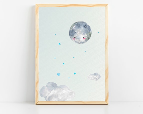 Moon Nursery Decor, Stars and Clouds Art Print