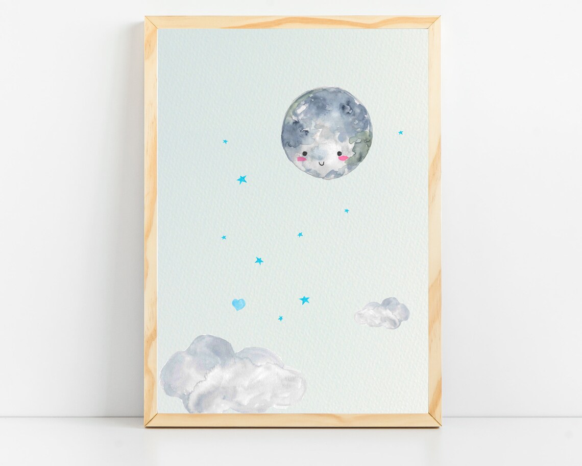 Moon Nursery Decor, Stars and Clouds Art Print