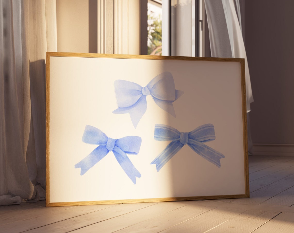 Blue Watercolor Bow Trio Soft Aesthetic Nursery Decor Poster
