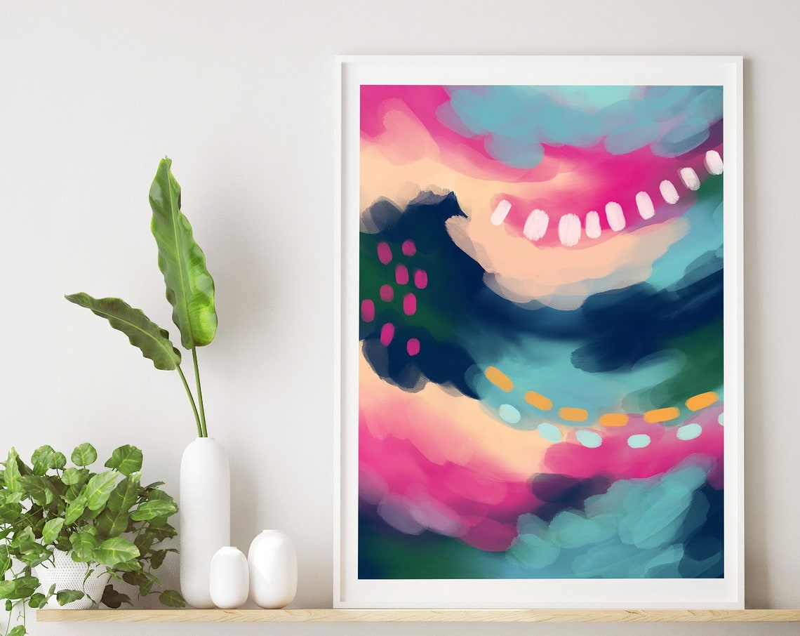 Navy Teal Pink Brushstroke Waves Colour Flow Abstract Poster