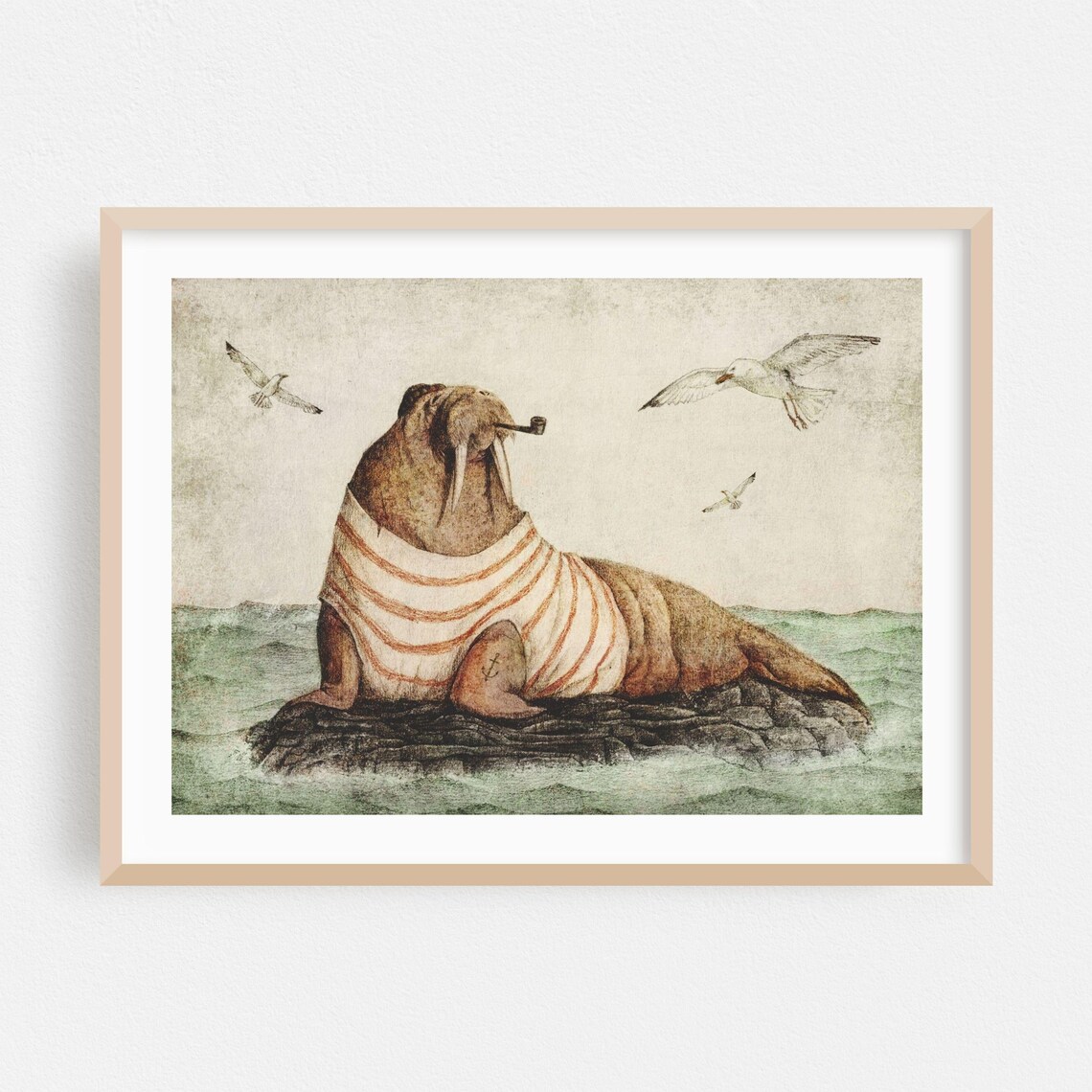 Walrus Sailor In Striped Shirt Smoking Pipe Funny Animal Poster
