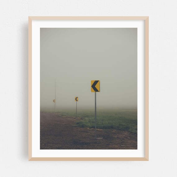 Foggy New Mexico Dirt Road With Yellow Chevron Curve Signs Poster