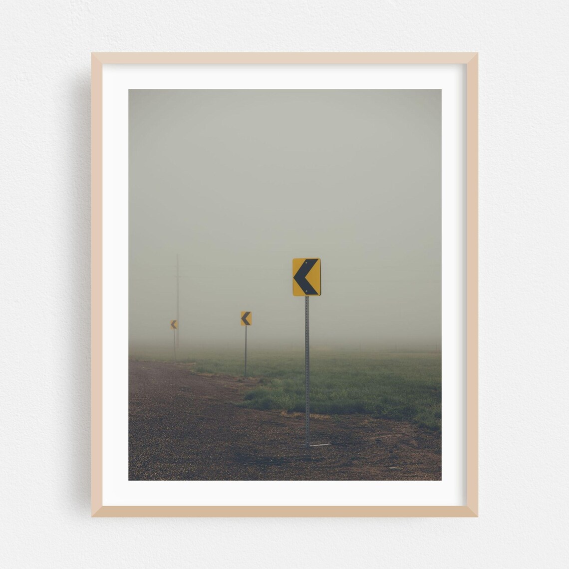 Foggy New Mexico Dirt Road With Yellow Chevron Curve Signs Poster