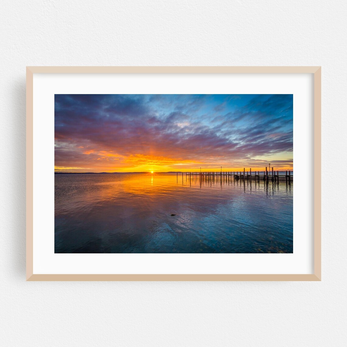Fiery Sunset Over Calm Water And Wooden Pier Maryland Poster