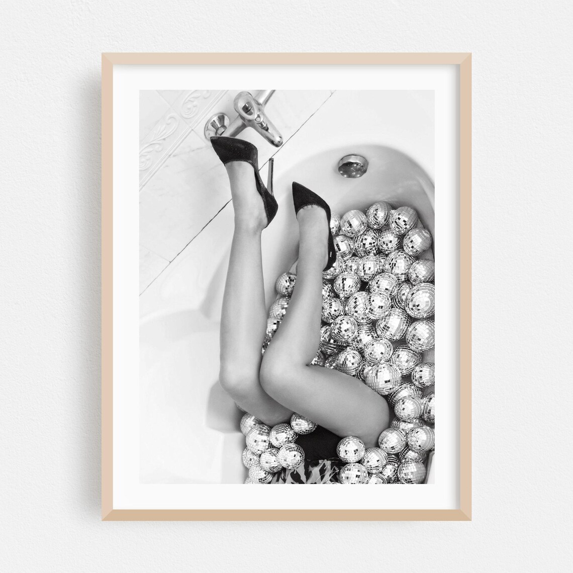 Black And White Fashion Photo Disco Ball Bathtub Party Art Poster