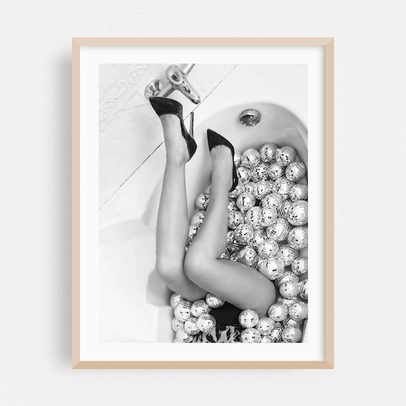 Black And White Fashion Photo Disco Ball Bathtub Party Art Poster
