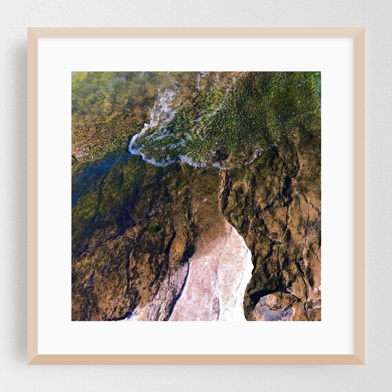 Ocean Waves Over Dark Coastal Rocks Abstract Aerial Photography Print
