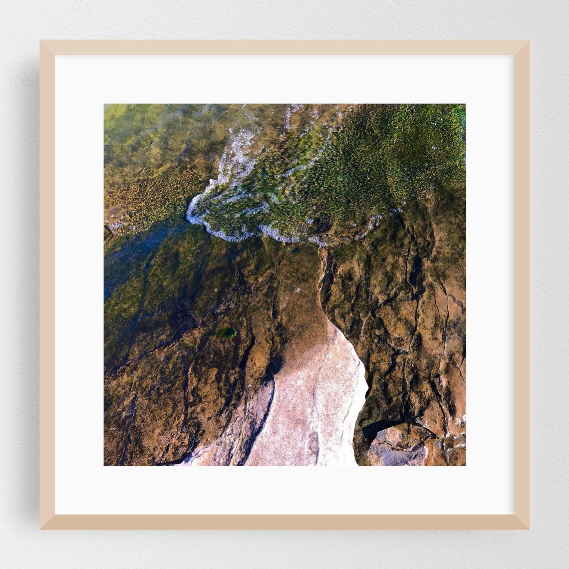 Ocean Waves Over Dark Coastal Rocks Abstract Aerial Photography Print