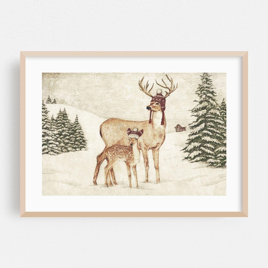 Winter Print Snow Wall Art Deer Framed Forest Home Decor Rustic Poster Nature Fine Scenic Drawing December