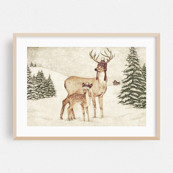 Winter Print Snow Wall Art Deer Framed Forest Home Decor Rustic Poster Nature Fine Scenic Drawing December
